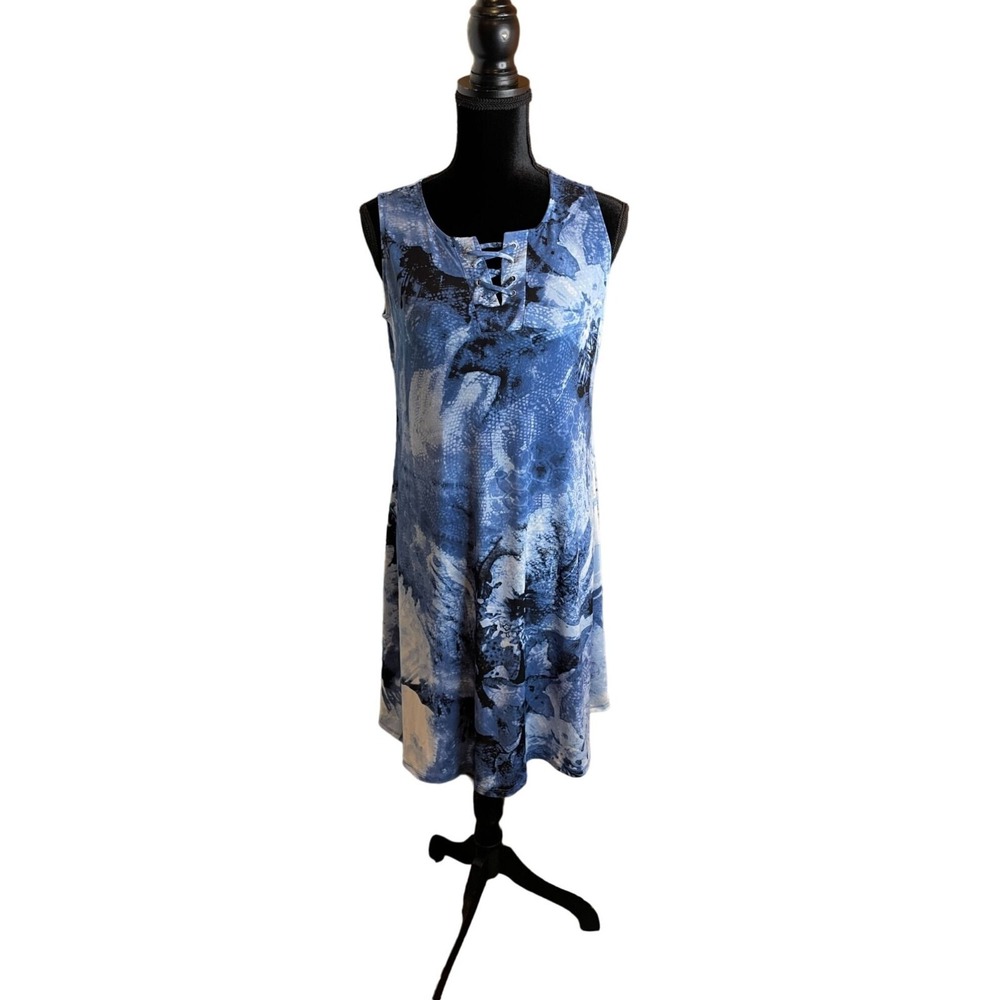 Chicos Women 0 US Small Blue Abstract Print Sleeveless Lace Up Shift Dress Chic‎
